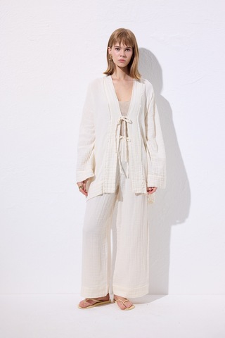 Müslin Geniş Kollu Kimono Bej Bej