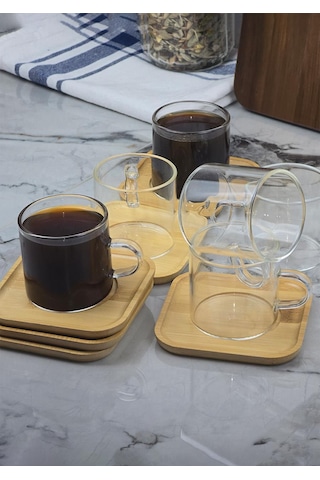 6lı Kahve Fincan Takımı - Bambu Tabaklı Kahve Fincan Seti - 12 Parça - 100 Ml Şeffaf
