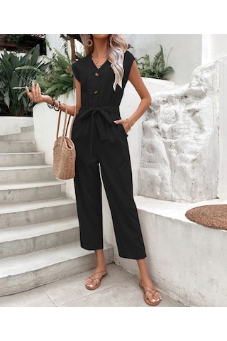 Barbora Keten Kadın V Yaka Tek Sıra Düğmeli Kolsuz Tulum Ln28siyah 001