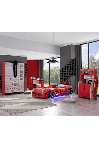 Setaymobilya Sports Çocuk Odası, Audi Araba Yatak Dolap Masa Şifonyer-Kırmızı