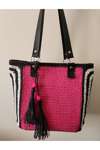 Fikriharika Design Pink Maze, Kağıt İp, Kadın Omuz Çantası Siyah - Beyaz - Fuşya