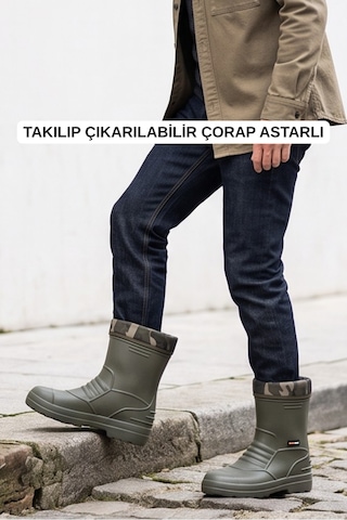Rainguard Takılıp Çıkarılabilir Çorap Astarlı Kamuflaj Detaylı Kısa Yağmur Çizmesi Yeşil