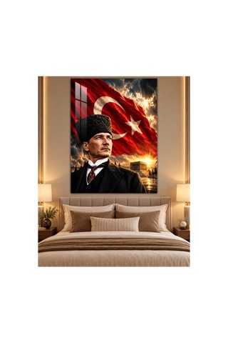 Atatürk, Anıtkabir Ve Türk Bayrağı Portre Temperli Cam Tablo