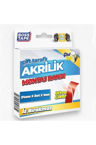 Boss Tape Çift Taraflı Akrilik Montaj Bandı- 24mmx3mt Şeffaf