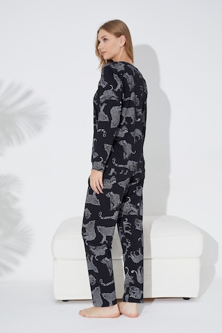 Siyah İnci Siyah Leopar Baskılı Örme Pijama Takım 7613