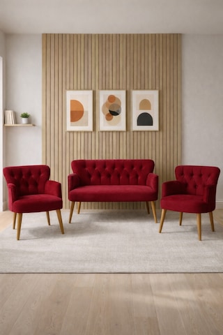 Babyface Kumaş Modern Çay Seti Koltuk Takımı 2+1+1 Ahşap Ceviz Ayak Bordo Bordo