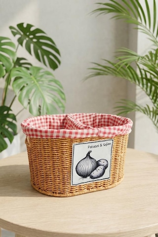 Digithome Oval Rattan Hasır Patates Soğan Çift Bölmeli Sepet Düzenleyici Organizer -9t03 Kahverengi