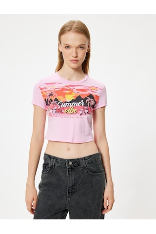 Koton Crop Tişört Kısa Kollu Slogan Baskılı Bisiklet Yaka Slim Fit Pembe 4sal11178ık Gül