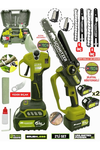 Schmıtzer S-2lıbudama Pro Set 21v Çelik Şanzuman 2 Pala Ve Zincir Şarjlı Dal Ağaç Kesme Bağ Budama Makas Testere
