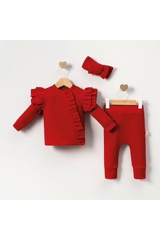 Orkide Desenli Fisto Detaylı 3 Parça Kız Bebek Takımı %100 Pamuk Kırmızı