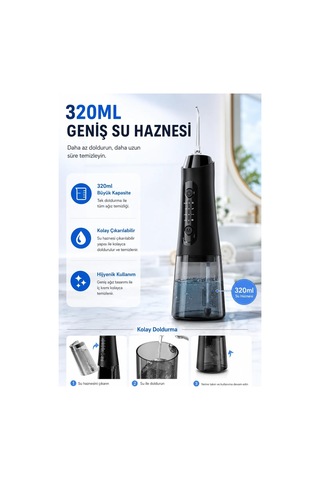 Robeve Auhma Amf11 Şarjlı Ağız Duşu 320ml Su Hazneli 4 Modlu Ipx7 Su Geçirmez Type-c Hızlı Şarjlı 5 Başlıklı Profesyonel Ağız Ve Diş Temizleme Cihazı Siyah