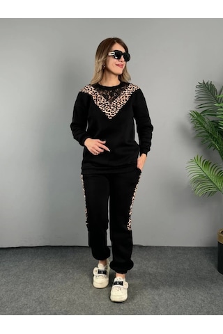 Defymoda Kadın Üç Iplik Kumaş Leopar Desenli Dantel Detaylı Ikili Takım Siyah