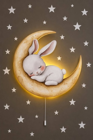 Ahşap Ay Üzeri Tavşan Pilli Ledli Gece Lambası Bebek Çocuk Odası-yıldız Sticker Hediyeli Çok Renkli