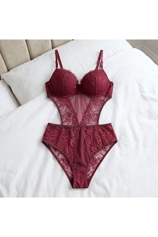 Ellovia Dolgulu Dantelli Bodysuit Sütyen Takımi B Cup Bordo