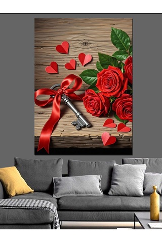 Kırmızı Güller Romantik Anahtar Dekoratif Kanvas - Mdf Ahşap Tablo