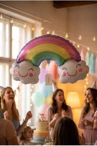 Gülümseyen Bulutlu Gökkuşağı Folyo Balon Çok Renkli