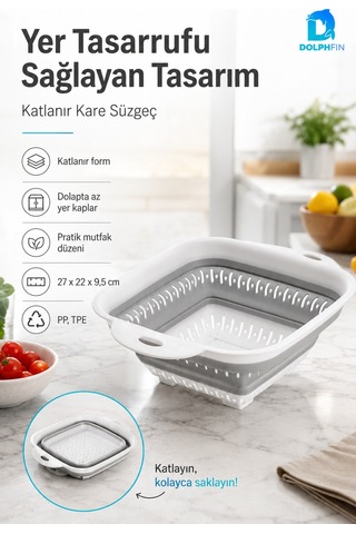 Katlanır Kare Süzgeç Mutfak Pratik Kullanım Gereci Beyaz - Gri