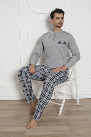 Erkek Ekose Desen Likralı Pamuk Uzun Kol Kışlık İnterlok Göğüs Cepli Pijama Takımı Gri
