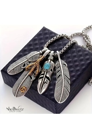 Totem Wings Otantik 4 Lü Tüy Detaylı 925 Ayar Gümüş Zincir Unisex Kolye Gümüş