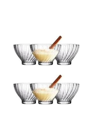 Cam Kase Seti Çizgili Desenli, 6 Lı Servis Ve Tatlı Kasesi, Salata, Meze, Çerez Ve Dondurma İçin Şık Sofra Gereci Açık Bej