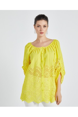 Kadın Pamuk Gömlek Ajurlu Detaylı, Rahat Kalıp Yazlık Tasarım Sarı