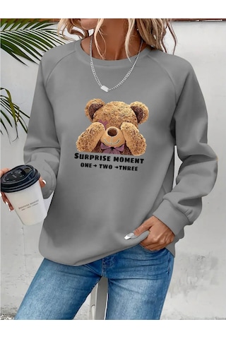 Ahes Shopping Kadın Uzun Kollu Bisiklet Yaka Ayıcık Desenli Viskon Iki Iplik Bluz Gri