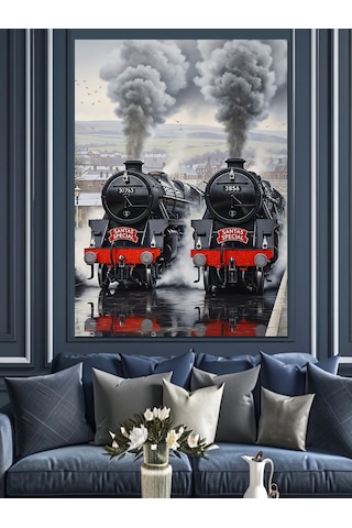 Dumanlar Çıkaran Tarihi Kara Tren Dekoratif Kanvas - Mdf Ahşap Tablo