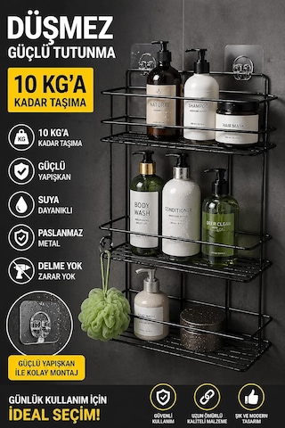 Sas Haus Yapışkanlı Banyo Rafı Siyah Delmeden Montaj Duş Şampuanlık, Paslanmaz Metal, Siyah Organizer Çok Renkli