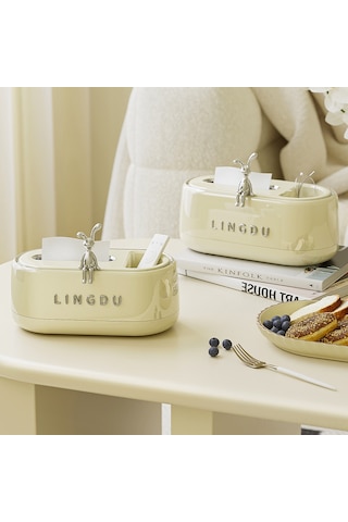 Geeroyoo Krem Beyaz Tavşan Dekorlu Pratik Masaüstü Havlu Kutusu - Oturma Odası, Banyo, Tv Odası İçin Dayanıklı Dekoratif Depolama Kutusu 25 13 10cm