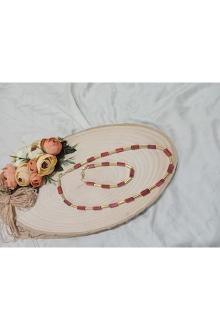 Şık Kırmızı Modern Kolye Ve Bileklik Takı Seti Kırmızı