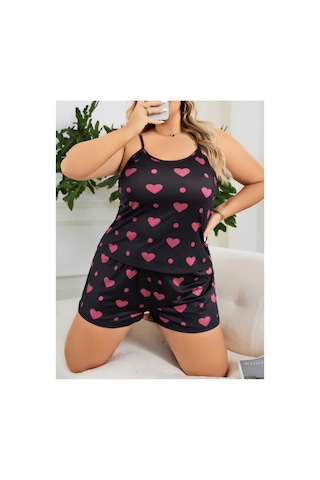 Lily Bianca Nightwear Büyük Kiraz Desenli Askılı Ve Şortlu Büyük Beden Penye Gecelik Siyah