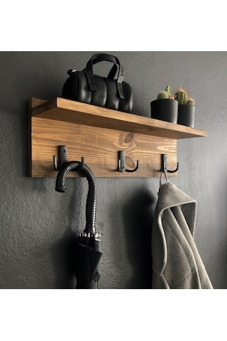 O&Awood Doğal Ahşap Vestiyer, Dekoratif 3 Askılı Portmanto, Raflı Vintage (503246659)
