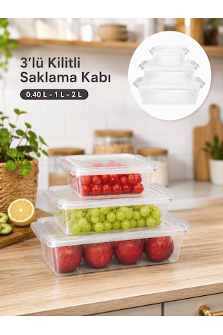 Beylini 3'lü Kilitli Saklama Kabı İç Dış Kullanım 0.40 1 2 Litre Yer Kaplamaz Dikdörtgen Erzak Salata Saklama Kutusu Gri