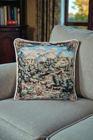 Kırlent Kılıfı Goblen Dokuma Kumaş - 45x45cm Çift Taraflı Biyeli Dekoratif Kırlent Kılıfı - Vs-304 Bej Renk Uyumlu Çok Amaçlı Yastık Minder