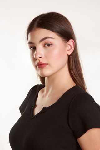 Kadın Basic Fitilli Likralı V Yaka Kollu Tshirt Atlet Bluz Siyah