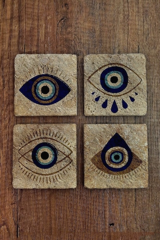 Doğal Taş Bardak Altlığı 4'lü Set - Nazar Boncuğu Desenli - Stone Coasters Çok Renkli