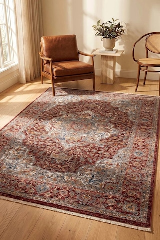 Hoom Rugs Otantik 2603 Kırmızı Vintage Desenli Salon Halısı Mavi