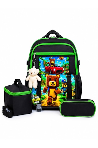 Super Bear Ayıcık Aksesuarlı Beslenme Ve Kalemlikli İlkokul Sırt Çantası Siyah