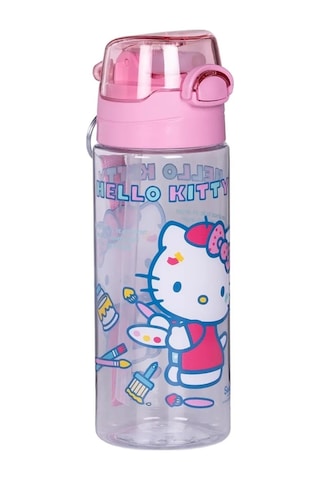 2'li Set Hello Kitty 4 Bölmeli Çocuk Beslenme Kabı Kaşık Ve Çatallı-500ml Pipetli Askılı Su Matarası Pembe