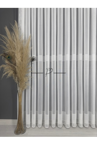 Tül Perde Bantlı Şerit Anotella Desen Lüx Armür 3 Farklı Renk Seçeneği Ekru-Ekru Şerit