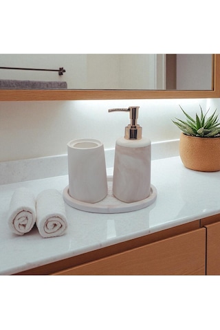 5 Li Taş Banyo Seti Sıvı Sabunluk Diş Fırçalık Kase Tepsi Set Beyaz - Kahve Mermer Desenli Beyaz