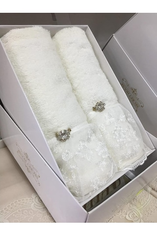 Secret House Billur Fransız Dantel Bambu Kutulu 2 Li Havlu Krem