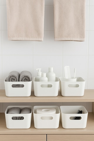Esti 6 Adet - 4 Lt Beyaz Plastik Organizer Kutu Banyo Havlu Şampuan Düzenleyici