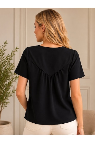 Mamayaga Kadın V Yaka Kısa Kol Omuz Ve Sırt Pileli Tasarım Detay Yazlık Tshirt Bluz Siyah