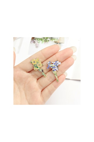 Çiçek Broş 2 Adet Van Gogh Ayçiçeği Ve Süsenler Broş İğneleri, Altın Rengi