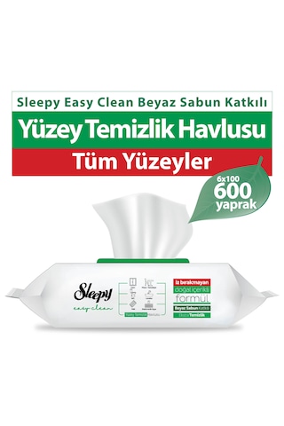 Sleepy Easy Clean Beyaz Sabun Katkılı Yüzey Temizlik Havlusu&Mendili 6x100 (600 Yaprak)