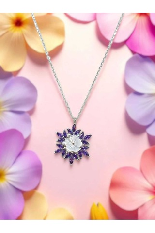925 Ayar Gümüş Mor Taşlı Lotus Çiçeği Kolye Zarif Tasarım Gümüş