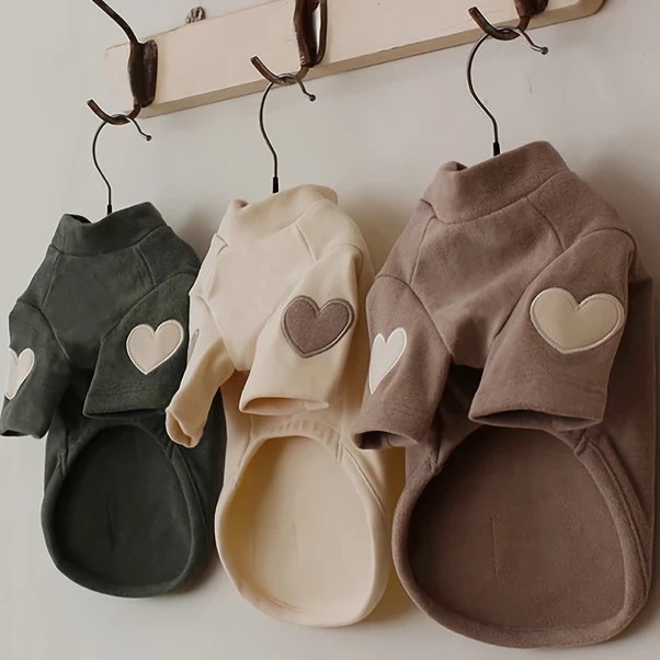 Elmpaly Kahverengi Kalp Desenli Polyester Küçük Köpek Kazak Tüm Mevsimler Makinede Yıkanabilir