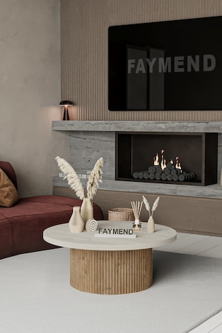 Faymend Kooky Modern Yuvarlak Meşe - Traverten Ahşap Orta Sehpa '70cm' Pembe