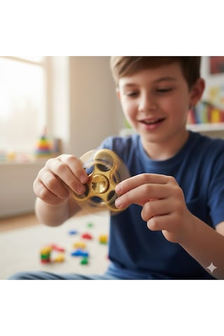 Uzun Süre Dönen Metal Stres Çarkı - Gold Rengi / Fidget Spinner Mavi